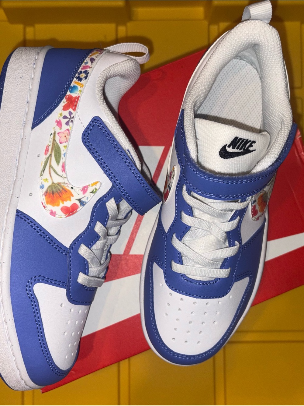 Kids Blue and White Floral Swoosh Sneakers - Picture 2 of 6